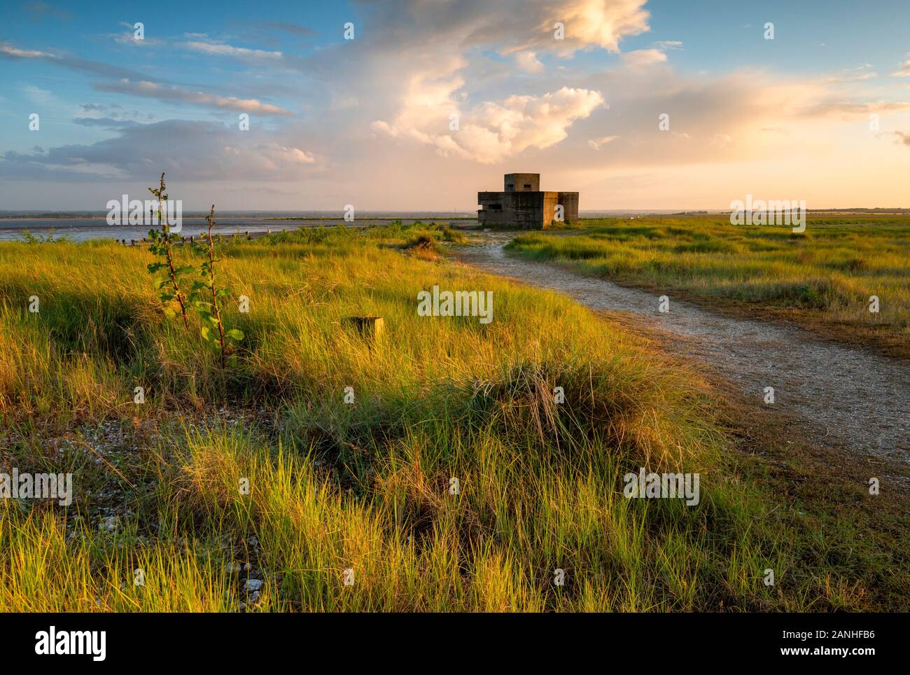 WWII EXDO difesa posta che si trova sulla punta orientale dell'isola di Shepey a Shellness, Kent. Foto Stock