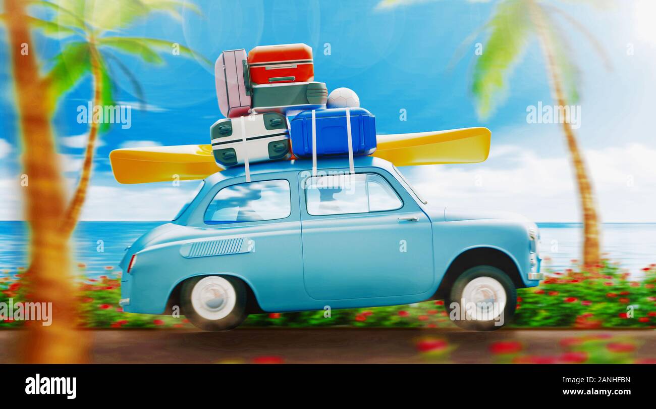 Vacanze estive. Concetto di viaggio in auto. rendering 3d Foto Stock