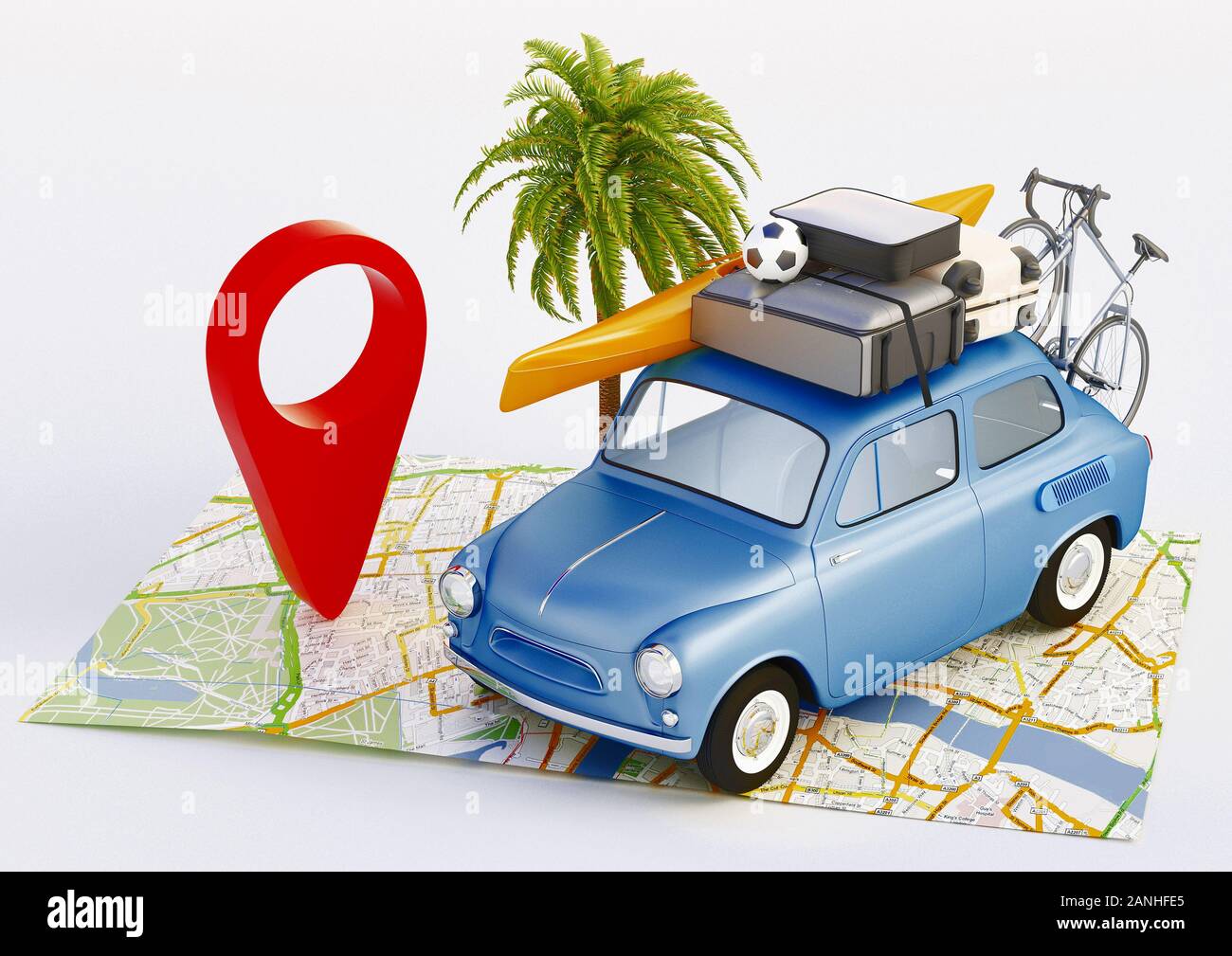 Vacanze estive. Concetto di viaggio in auto. rendering 3d Foto Stock