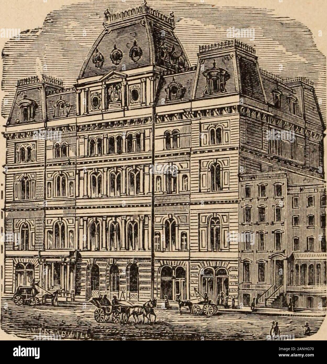New York da luce solare e gaslight : un lavoro descrittivo della grande metropoli americana ; la sua alta e la vita bassa; i suoi splendori e miserie; le sue virtu . nique edificio, costruito da red brickwith ritagli di pietra arenaria in stile gotico italiano.it è uno dei più noti edifici di New York, andstands sul sito di uno dei più vergognosi rook •erie che mai vergognarsi della metropoli. All'angolo sud-ovest del 23d street è un nobile edificio, costruito ofConcord granito in stile rinascimentale. Questo isthe superba theatre, costruì dodici anni fa da EdwinBooth, come una casa di montaggio per l'agente DRA Foto Stock