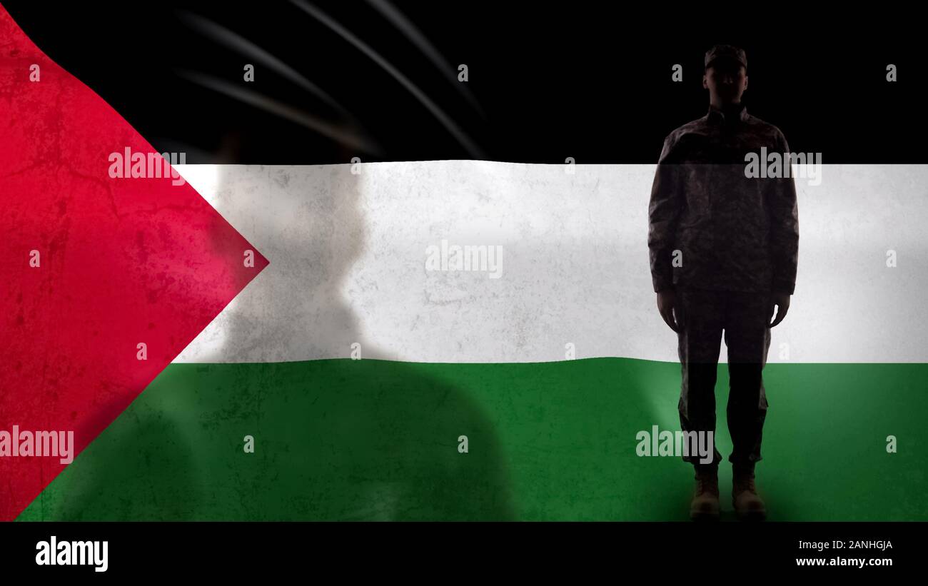 Soldato palestinese silhouette in piedi contro la bandiera nazionale, orgoglioso sergente Foto Stock