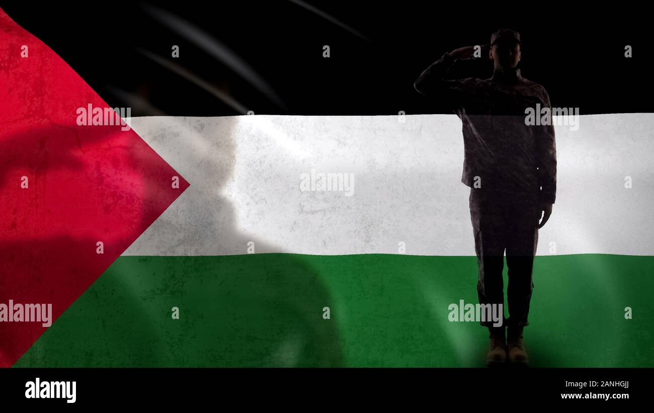 Soldato palestinese silhouette salutando contro la bandiera nazionale, conflitti violenti Foto Stock