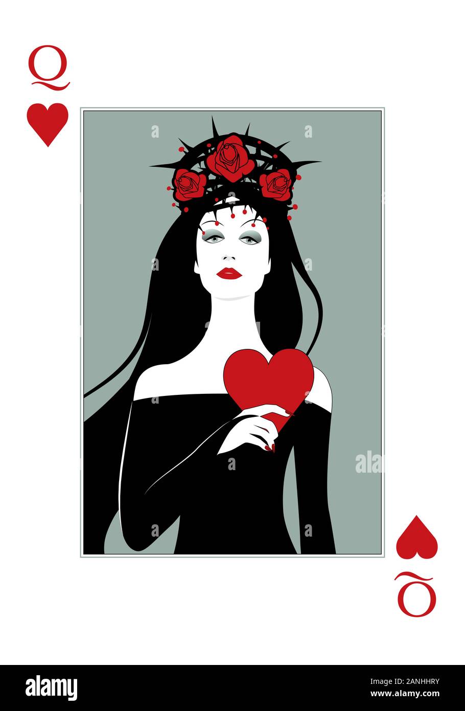 Regina di cuori con la corona, rose e rovi, tenendo un cuore. Scheda di  Poker Immagine e Vettoriale - Alamy