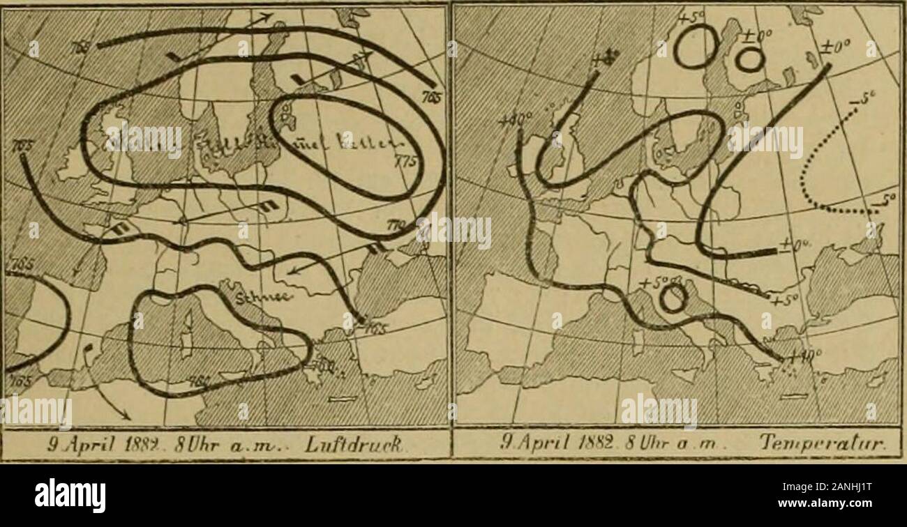 Humboldt; Monatsschrift für die gesamten Naturwissenschaften . turminimum betrac^tlitf)^erunterjubriiifen, unb bal)er bie IjSufigen 3!acf)tfroftc,roeW^e^befonbcre in ber ®po(f)e uom 9. Bi§ jum 12.cine grojsortige Stuslberjnung unb cine SBegetation bic gc;fS[)rbcnbc Sntenfitot errcic^Ten. Siefe 3.sert|ciltniffe luerbenburd; bie beifte^enben 2Bettertactc|en uom 9. IjinreitBenbttar getegt, oon benen bie erftere bie bie Suftbrudoerteitungunb banon abpngigen SBinbric^tungen, bie jroeite bieSemperaturoerteilung, beibe fiir 8 IXifv morgenS, ittuftrieren.Sementfprec^enb font in ber 9todf)t uom 9. un Foto Stock