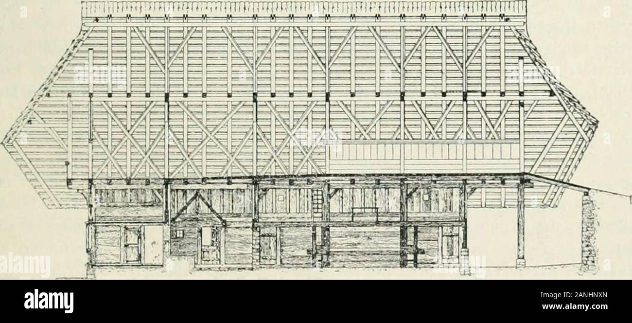 Von deutscher Kunst :: gesammelte Aufsätze und nachgelassene Schriften . Vorderansicht. Querschnitt durch die Stubenregion.. Mi^iiiii^eiiseLiiiitt.abb. 115. Bauernhaus in Gutach im Schwarzwald. 390 schnitten, die in die wagerechten Zimmerhölzer oder (die auf halber Turhöhe essere-findlichen) in ein kurzes hölzernes Angelstück eingreifen; das ist Angelstuck inden Türpfosten eingezapft. Die inneren Türen sind teils ebenso beschaften, teils- wenigstens Zur Zeit - Füllungstüren. Das große Tenntor, das zweiflügeligist, hat auch die beschriebene alte Konstruktion und im einen Flügel eine Obertür.Die Türsc Foto Stock