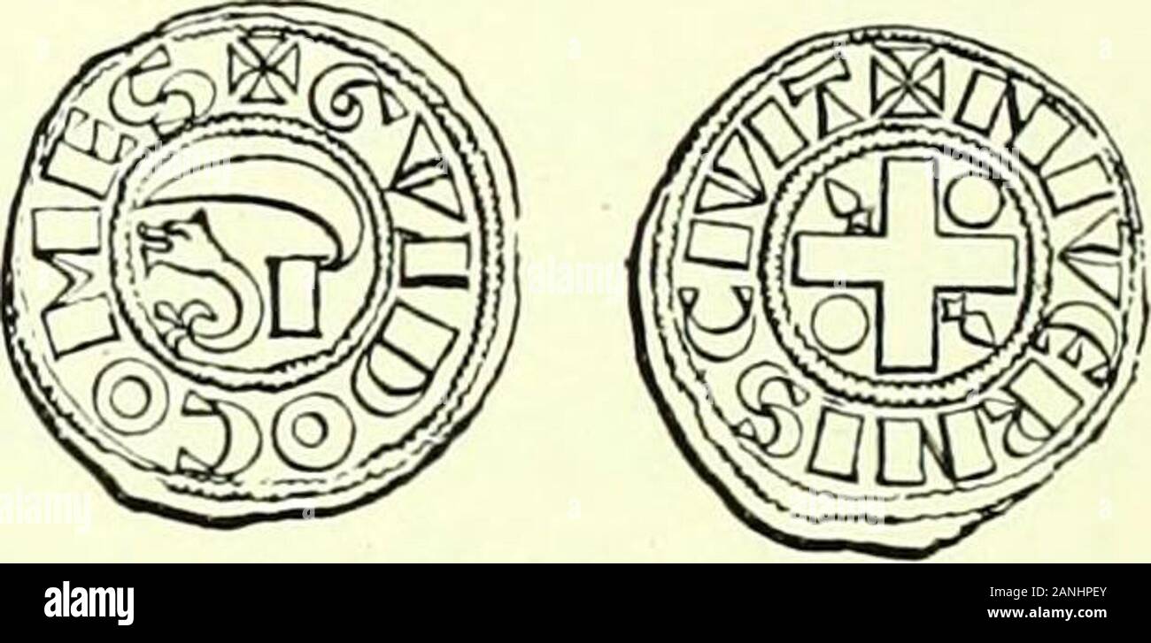 Nouvelle histoire de Lyon et des Provinces de Lyonnais, Forez, Beaujolais, Franc-Lyonnais et Dombes . /|07- ONU MARIAGE PRINCIER au XIII° Siècle.Fac-similé par lauteur dune dun in miniatura manu-scrit de la Bibliothèque de Lyon. jFig. 408. MONNAIES DE Gl Y IV comme Comte de Nevers. Daprès feu M. le comte Georgesde Soultrait, Essai sur la Nu-mismatique nivernaise, in-8, Parigi, 1854. GUIDOCOMES; dans le champ,le dauphin de Forez et unesorte de faucille qui est la dégé-nérescence de lc du mot REXdu tipo primitif nivervais. -NIVERNIS CI VIT.™ ; dans le champ une croix cantonnée de 2 besans (Meubles et des Foto Stock
