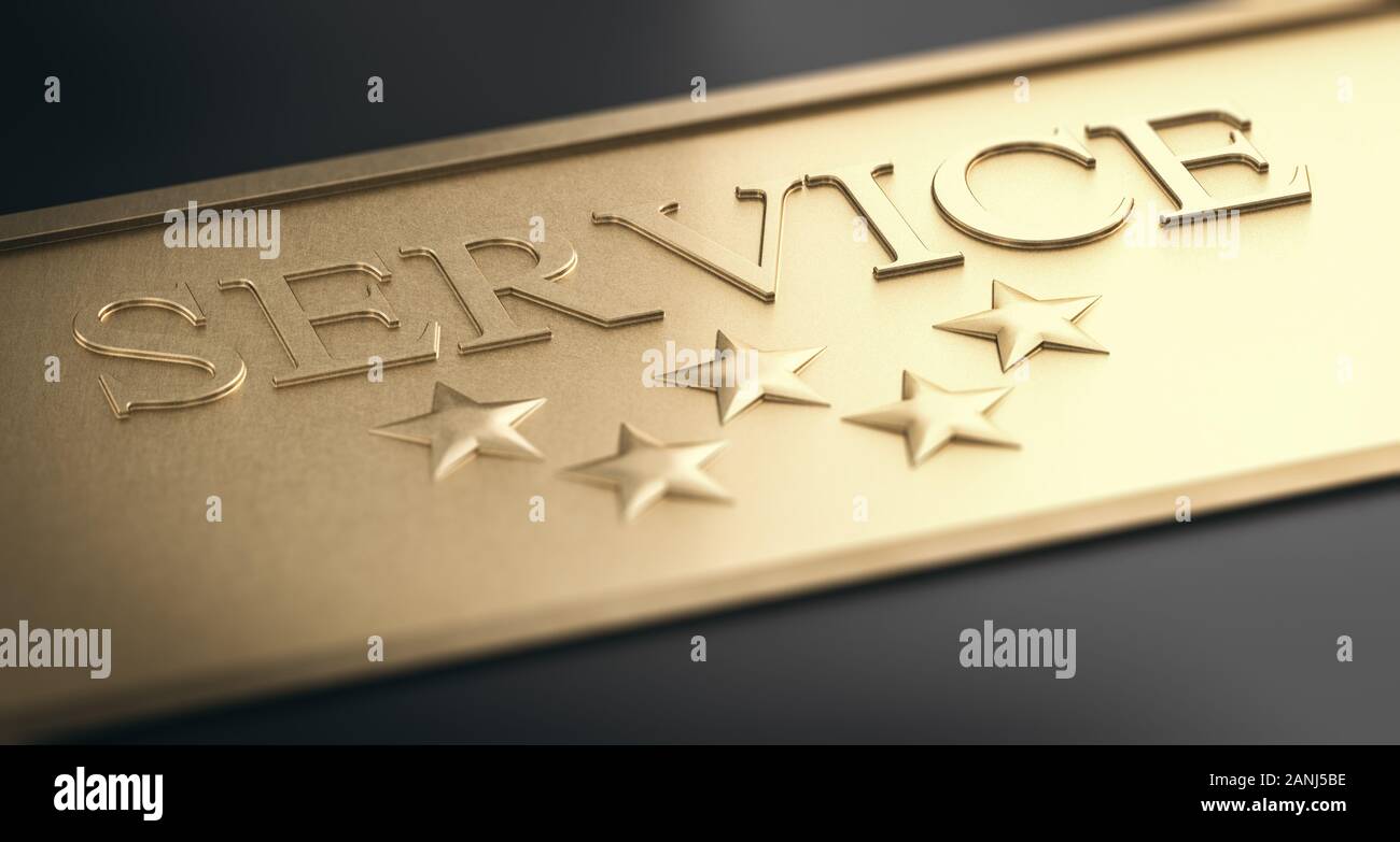 3D illustrazione di un segno d'oro con la parola e il servizio a cinque stelle su sfondo nero. Il concetto di trust. Foto Stock