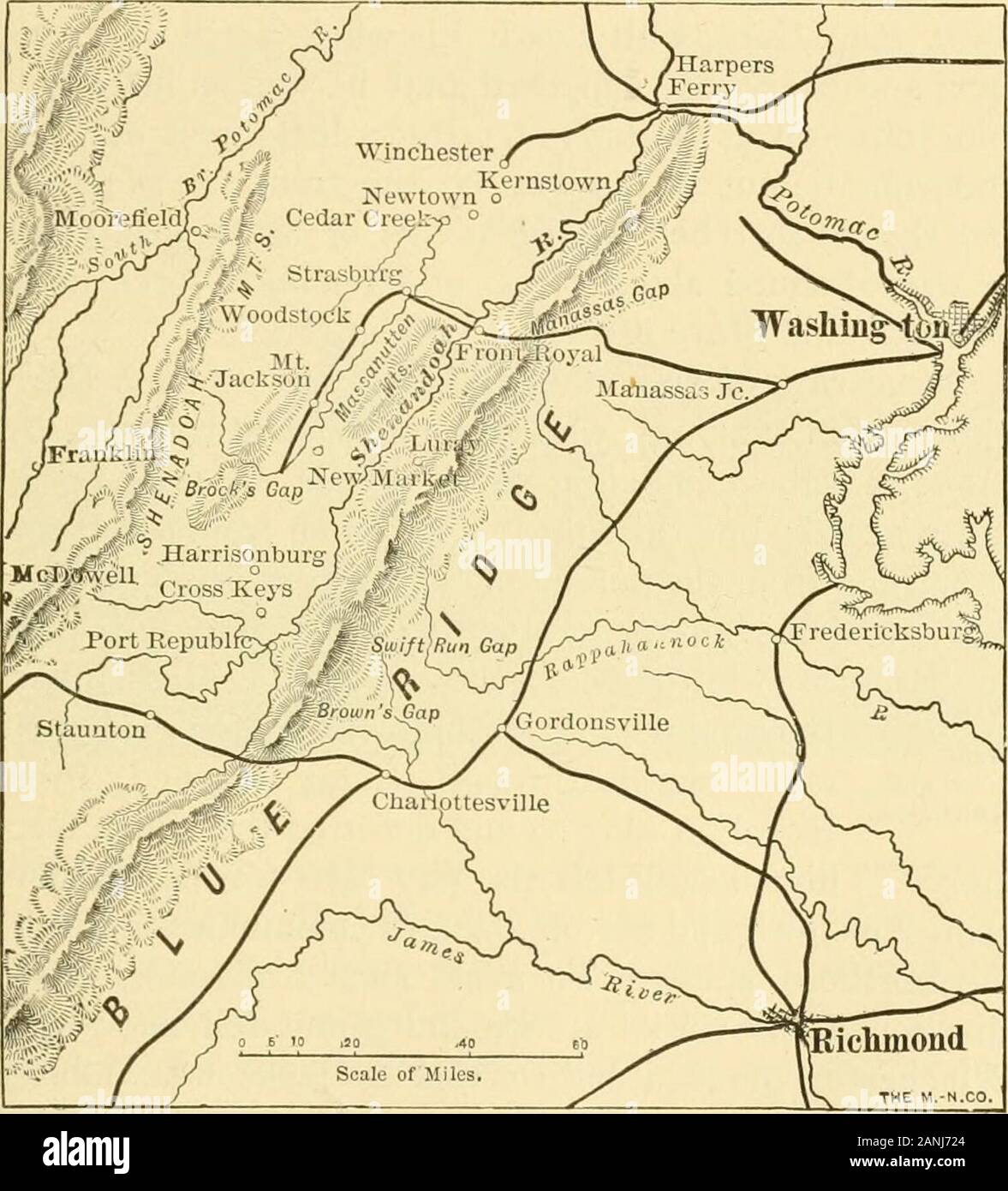 Una storia degli Stati Uniti per le scuole . Stonewall Jackson. § 144- la schiavitù e la secessione. 395 che circa 1.200 uomini sono stati uccisi e feriti. Esso wasthis prove di Jacksons attività che hanno portato il sig. ,   - - Jackson m Lincoln per trattenere McDowells corps su shen-Manassas-Fredericksburg percorso invece di inviare- vaiiey;ing via mare con McClellan. È interessante ^^^^0^n.come mostrando come anche una sconfitta a volte può vincere la. La Shenandoah Valley e dintorni. frutti della vittoria. L'allarme a Washington causato byKernstown così privati McClellan dei servizi di46,000 uomini. Essa ha portato alla se Foto Stock