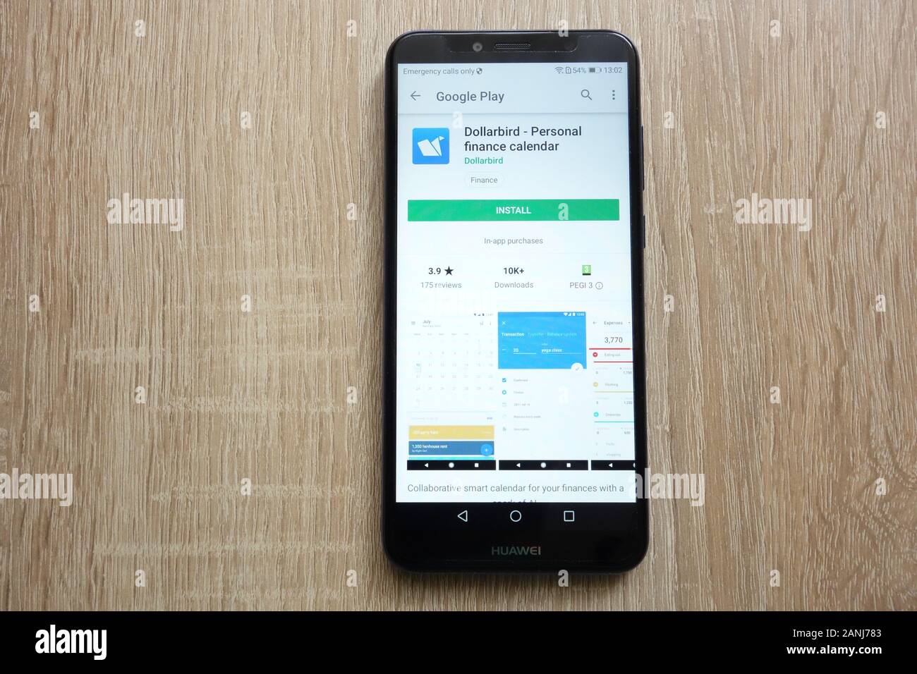 Dollarbird - l'app del calendario finanziario personale sul sito Web di Google Play Store è visualizzata sullo smartphone Huawei Y6 2018 Foto Stock