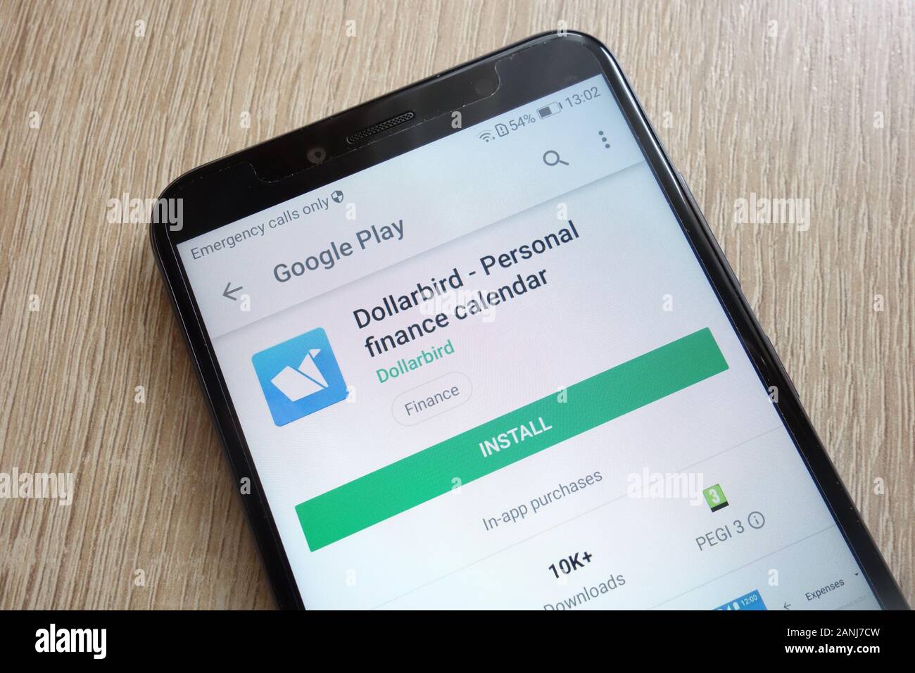 Dollarbird - l'app del calendario finanziario personale sul sito Web di Google Play Store è visualizzata sullo smartphone Huawei Y6 2018 Foto Stock