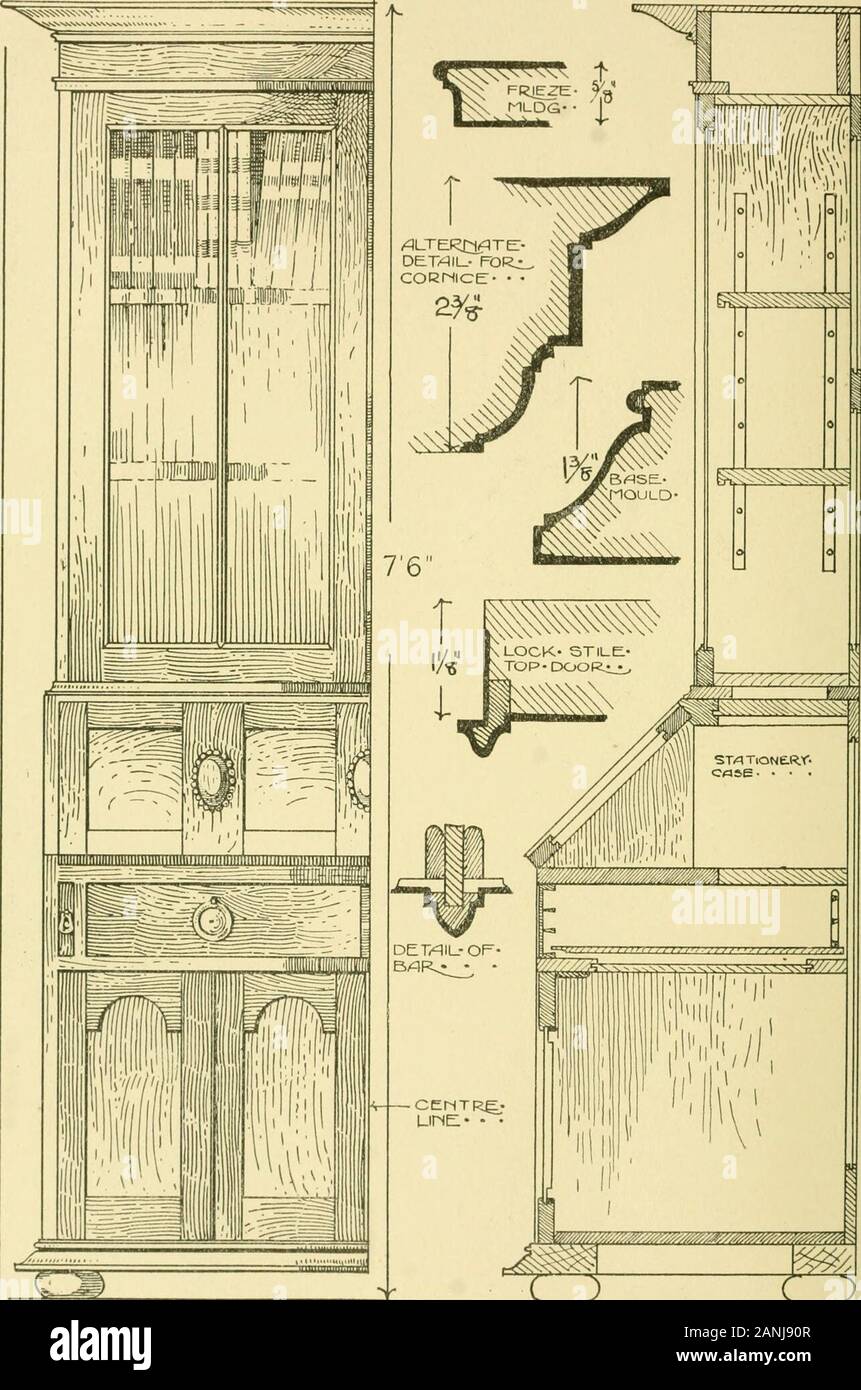 Armadio moderno lavoro, mobili e attrezzatura; un account della teoria e pratica nella produzione di tutti i tipi di lavoro cabinet & mobili con i capitoli sulla crescita e sul progresso della progettazione e costruzione; illustrato da oltre 1000 Workshop pratico disegni, fotografie e disegni originali . Elevationsto-uno • • scala pollici intarsiata Libreria. Progettato e realizzato presso l Istituto ShoreditchTechnical. 146 moderne CABINETWORK, mobili e attrezzatura. LZ2 L l ufficio di una libreria. Carcassa lavoro ho47 Una quercia Bureau libreria (vedere di fronte). Buona proporzioni generali sono rappresentati in questo esempio che è stato m Foto Stock