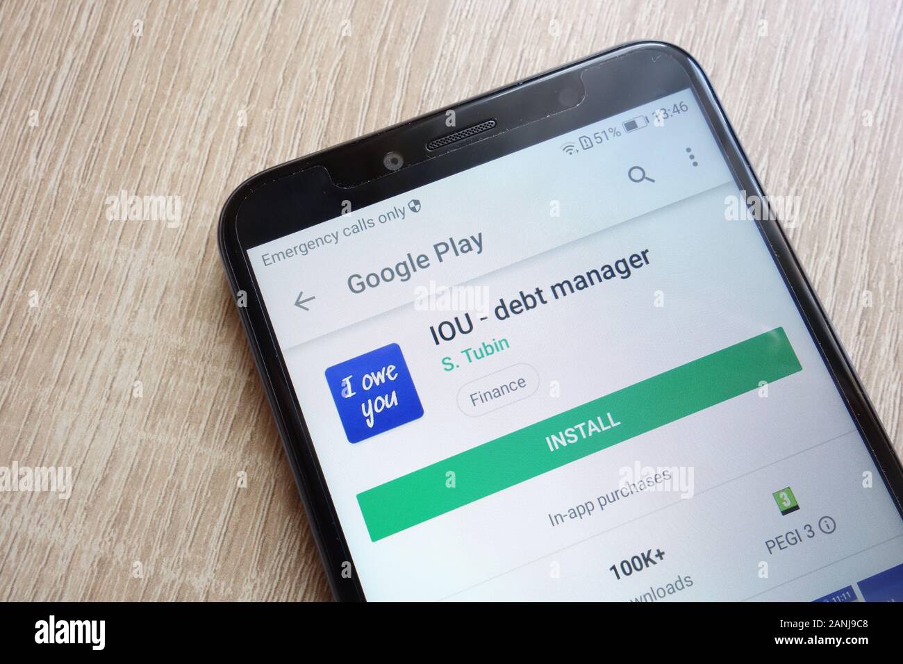 IOU - app di gestione del debito sul sito Web Google Play Store visualizzato sullo smartphone Huawei Y6 2018 Foto Stock
