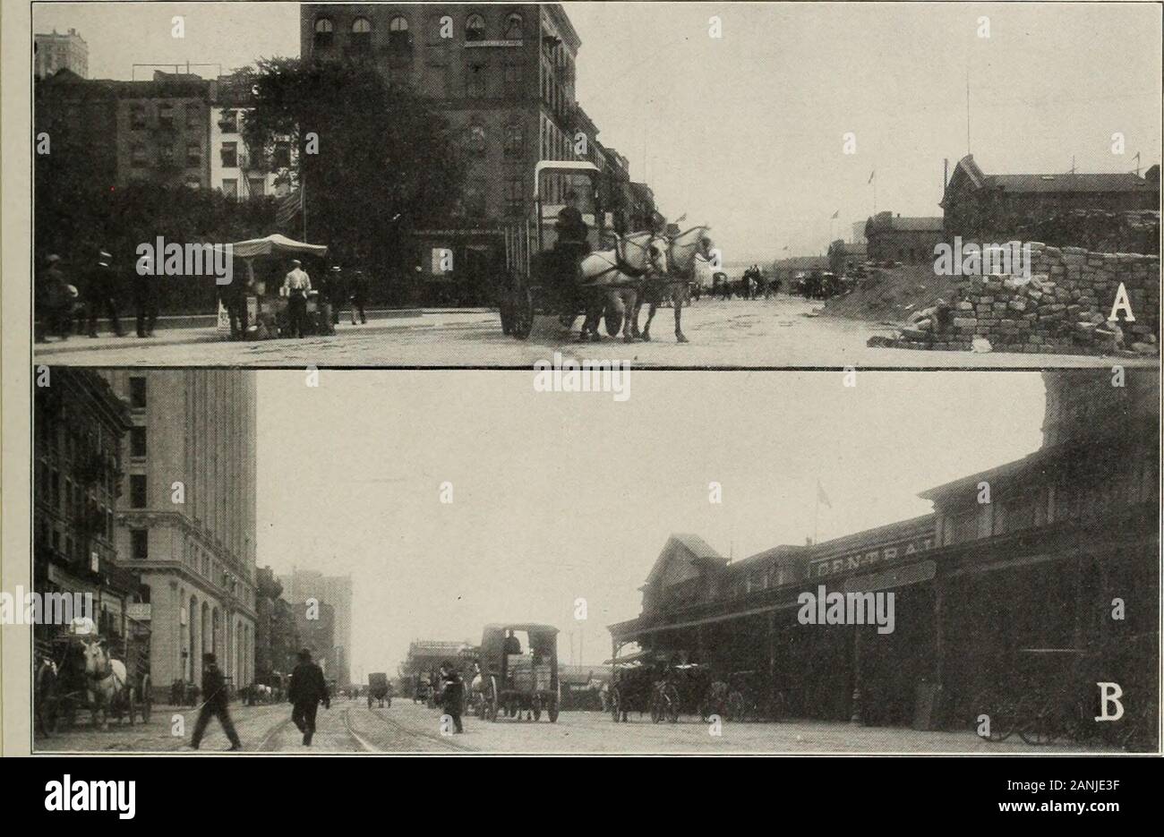 Pavimentazioni per traffico moderno . BOSTON, MASSACHUSETTS -Acquisto Street. Granito - Blocco - Lastricato 1904. Fotografato 1910 37. NEW YORK CITY-due strade Heavy-Traffic lungo la Water-Front dove tutti i tipi di merci è trasportato a Railroadand Steamship Docks. -South Street. B-West Street. Granite-Block lastricata in 1908. 38 marciapiedi di mattoni: un ammattonato consiBts del mattone onedge impostato su di una apposita fondazione. Marciapiedi di mattoni sono stati constructedin Holland come lontano come 18C0, ma sono stati utilizzati per la prima volta in theUnited membri nel 1870 a Charleston, West Virginia. Originallythe mattone era semplicemente appoggiata sulla terra la strada b Foto Stock