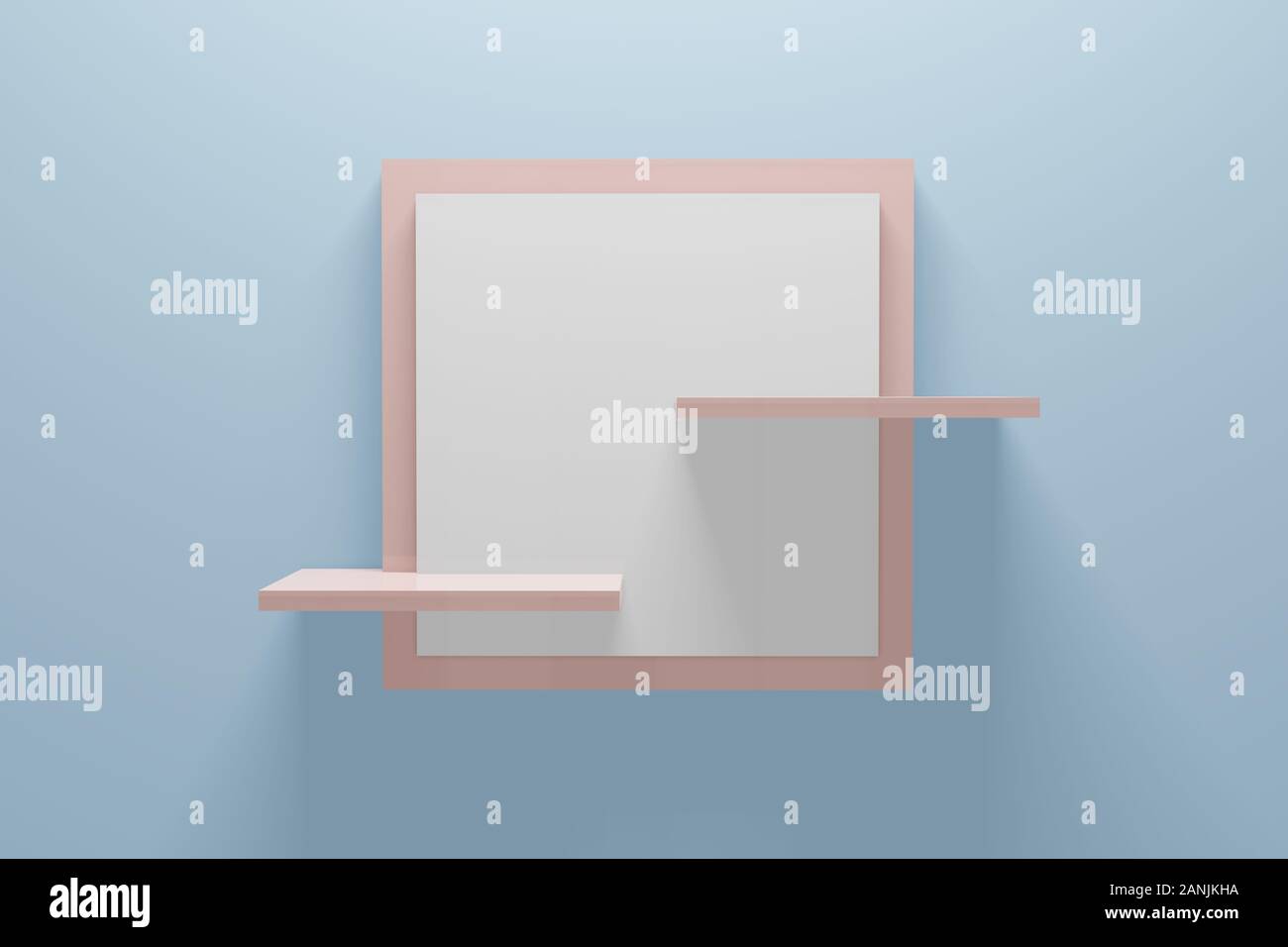 Ripiano vuoto piedistallo su luce blu. Vista frontale interna minima nozione. Vuoto prodotto ripiano sfondo permanente. Il rendering 3D. Foto Stock
