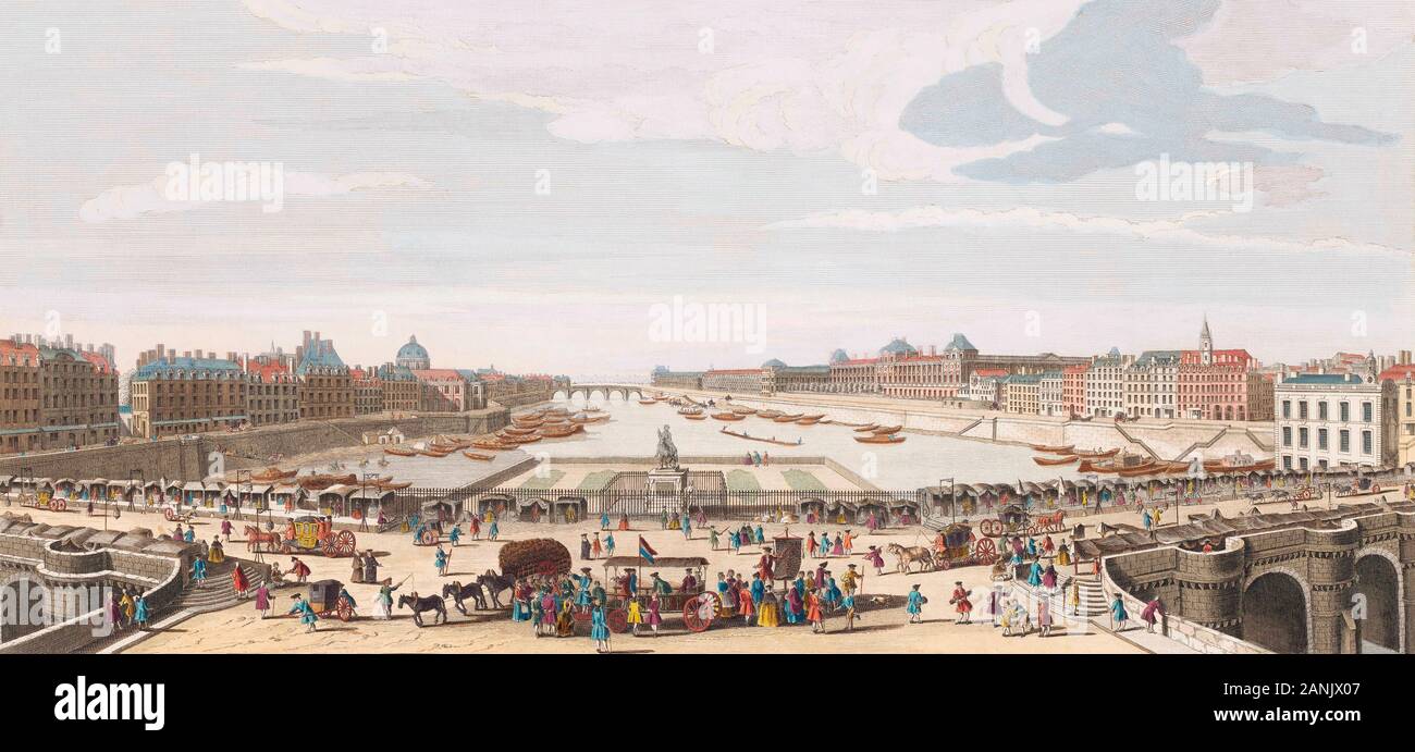 La vista di Parigi prese dalla metà del Pont Neuf verso Pont Royal. Da una incisione datata 1749 da Remigius Parr dopo un lavoro di Jacques Rigaud Il duomo. Più tardi la colorazione. Foto Stock