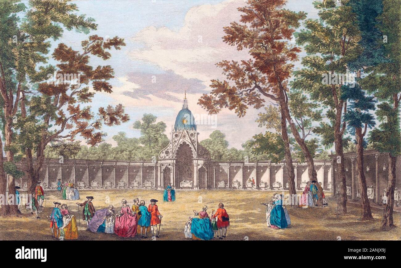 Una vista del tempio di Comus &c. in Vauxhall Gardens. Londra, Inghilterra. Dopo una stampa datata 1751 a partire da un lavoro di Caneletto. Pubblicato da Robert Sayer. Più tardi la colorazione. Foto Stock