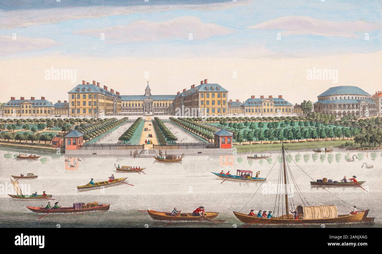 Una vista del Royal Hospital di Chelsea e la rotonda in Ranelaigh Gardens, Londra, Inghilterra. Dopo una stampa datata 1751 a partire da un lavoro di Thomas Bowles. Pubblicato da Robert Sayer. Più tardi la colorazione. Foto Stock