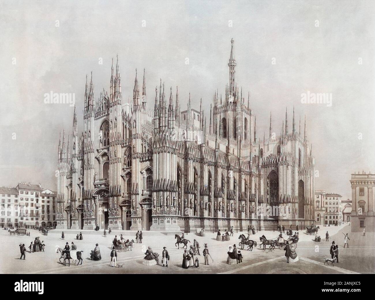 Il Duomo o la Cattedrale in Piazza del Duomo. Milano, Provincia di Milano, lombardia, italia. Dopo un XIX secolo opera di Francesco Citterio. Più tardi la colorazione. Foto Stock