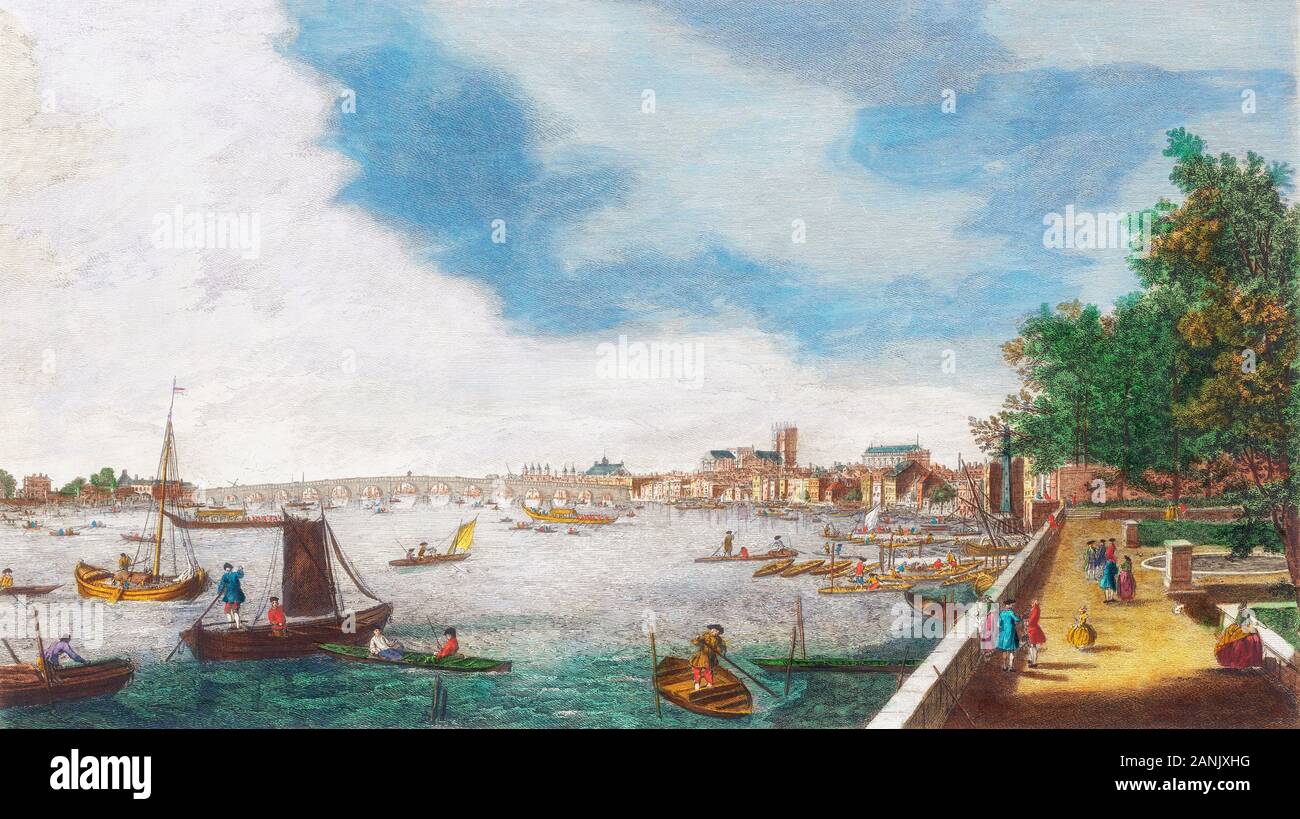 Londra, Inghilterra. Una vista dalla Somerset giardini di Westminster Bridge. Dopo una incisione datata 1750 da John Miller, dopo un dipinto del Canaletto. Foto Stock