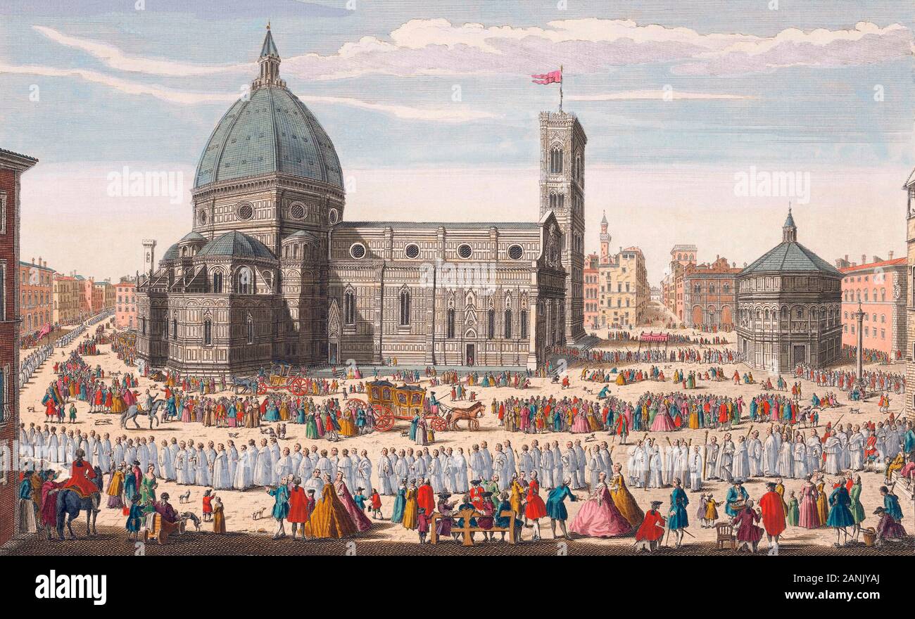 Una vista della chiesa cattedrale di Firenze e il gran processione dell'host. Dopo un colorate a mano incisione pubblicato a Londra, 1750. Foto Stock