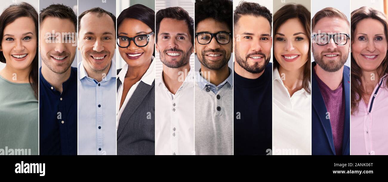 Collage di popolo sorridente. Diversi gruppi di persone ritratti Foto Stock