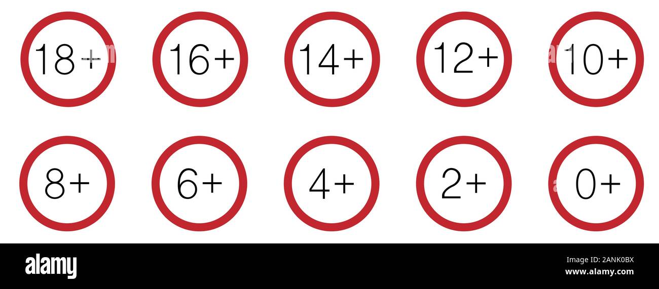 Set di icone per adulti oltre 0 a 18 anni in bianco e nero e i colori rosso linea sottile. Set di icone per adulti oltre 0+ a 18+ anni nero linea sottile Illustrazione Vettoriale