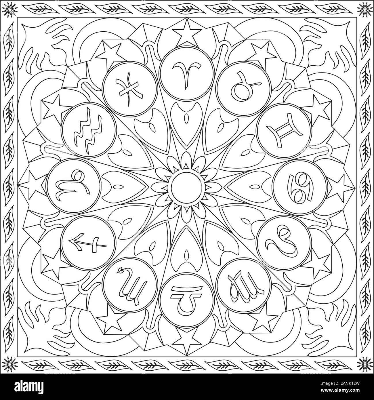 Colorazione illustrazione pagina in formato quadrato - Segni zodiacali icone Ruota Mandala - Astrologia - De-Stress e Relax - In bianco e nero Illustrazione Vettoriale