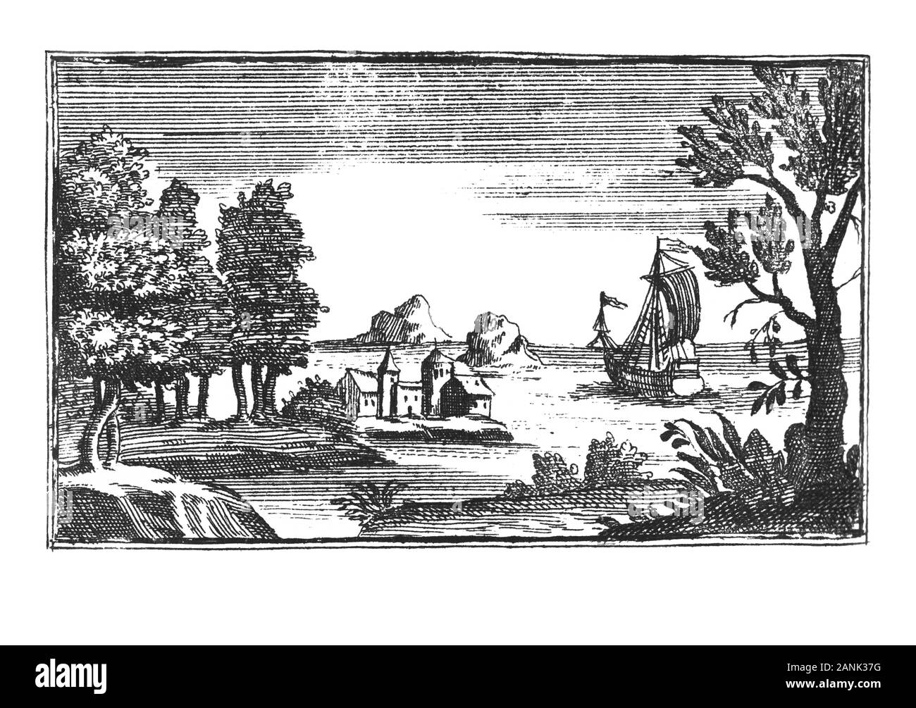 Modificato vintage antica incisione o disegno della bella romantico paesaggio balneare con monastero o chiesa, barca a vela e alberi. Illustrazione originale dal libro Die Betrubte und noch Ihrem Beliebten..., Impero Austriaco,1716. Artista sconosciuto. Foto Stock