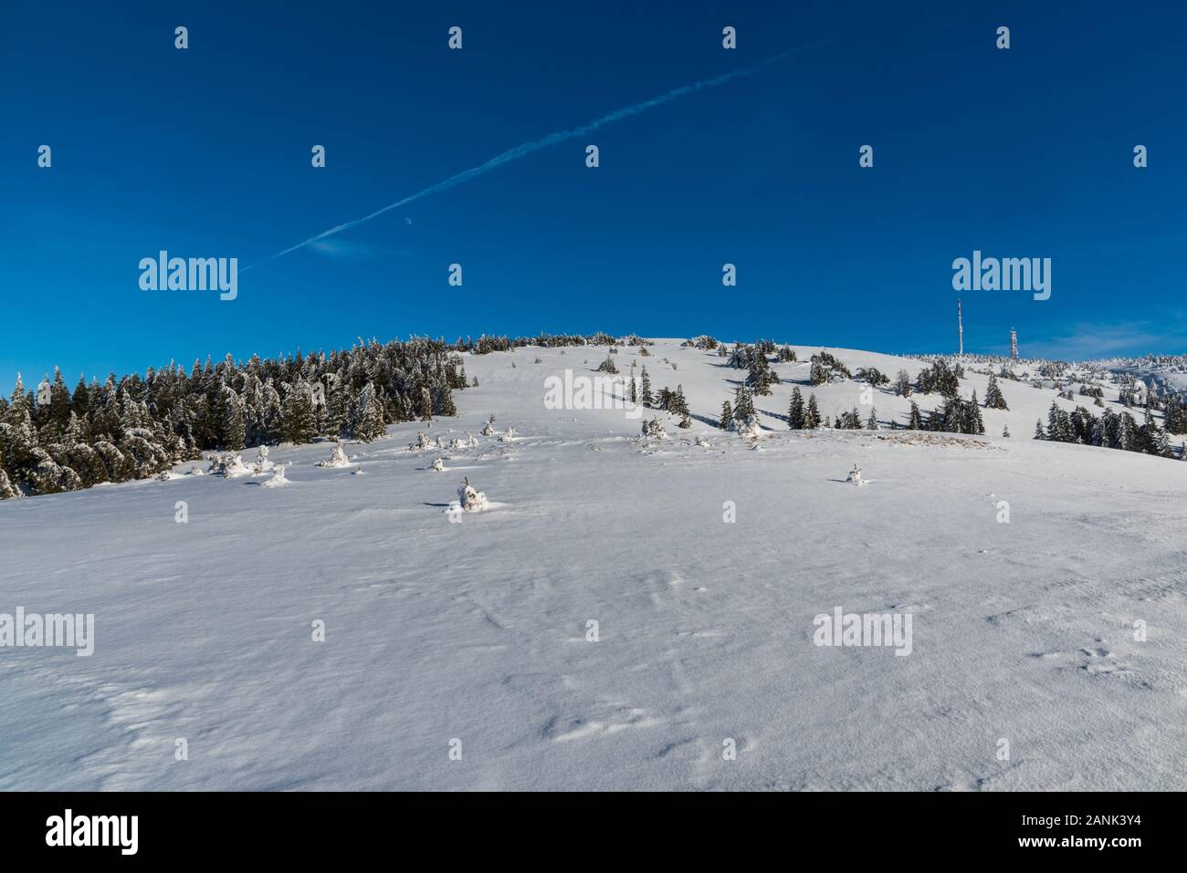 Krizava collina con torri di comunicazione sul foro di Martinske in Mala Fatra montagne in Slovacchia durante la bellissima giornata invernale con cielo chiaro Foto Stock