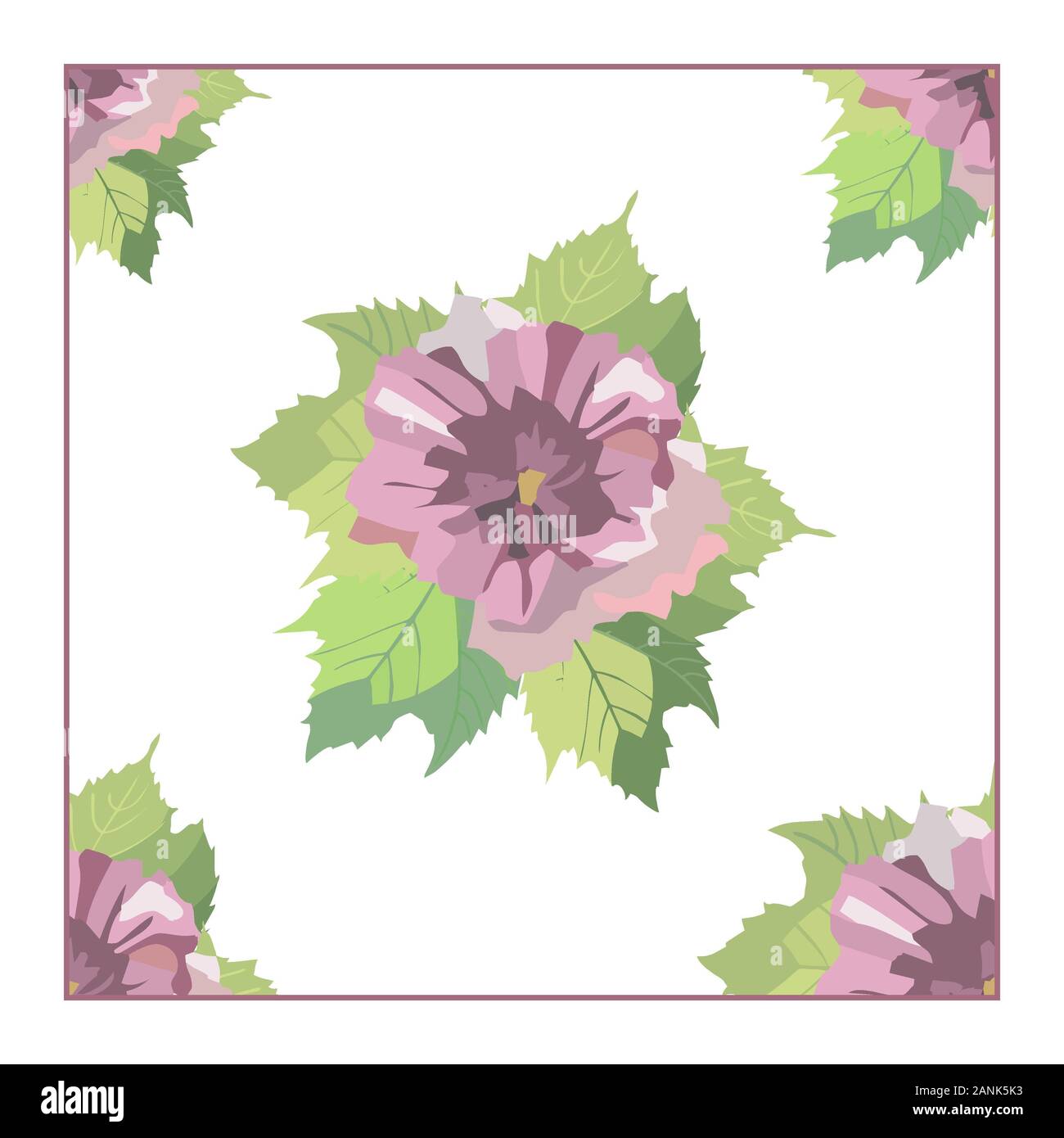 Fiore viola in cornice quadrata. Disegno modello carta invito matrimonio, fiori rosa e viola e foglie con cornice viola su sfondo rosa, vinta Foto Stock