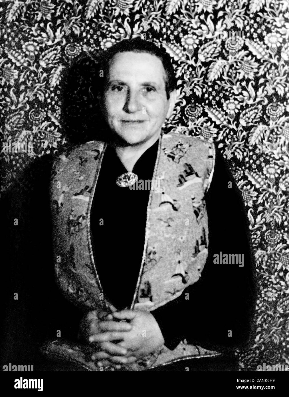 Half-Length Ritratto di Gertrude Stein (1874-1946), American figura letteraria, fotografia di Carl Van Vechten, Novembre 1934 Foto Stock