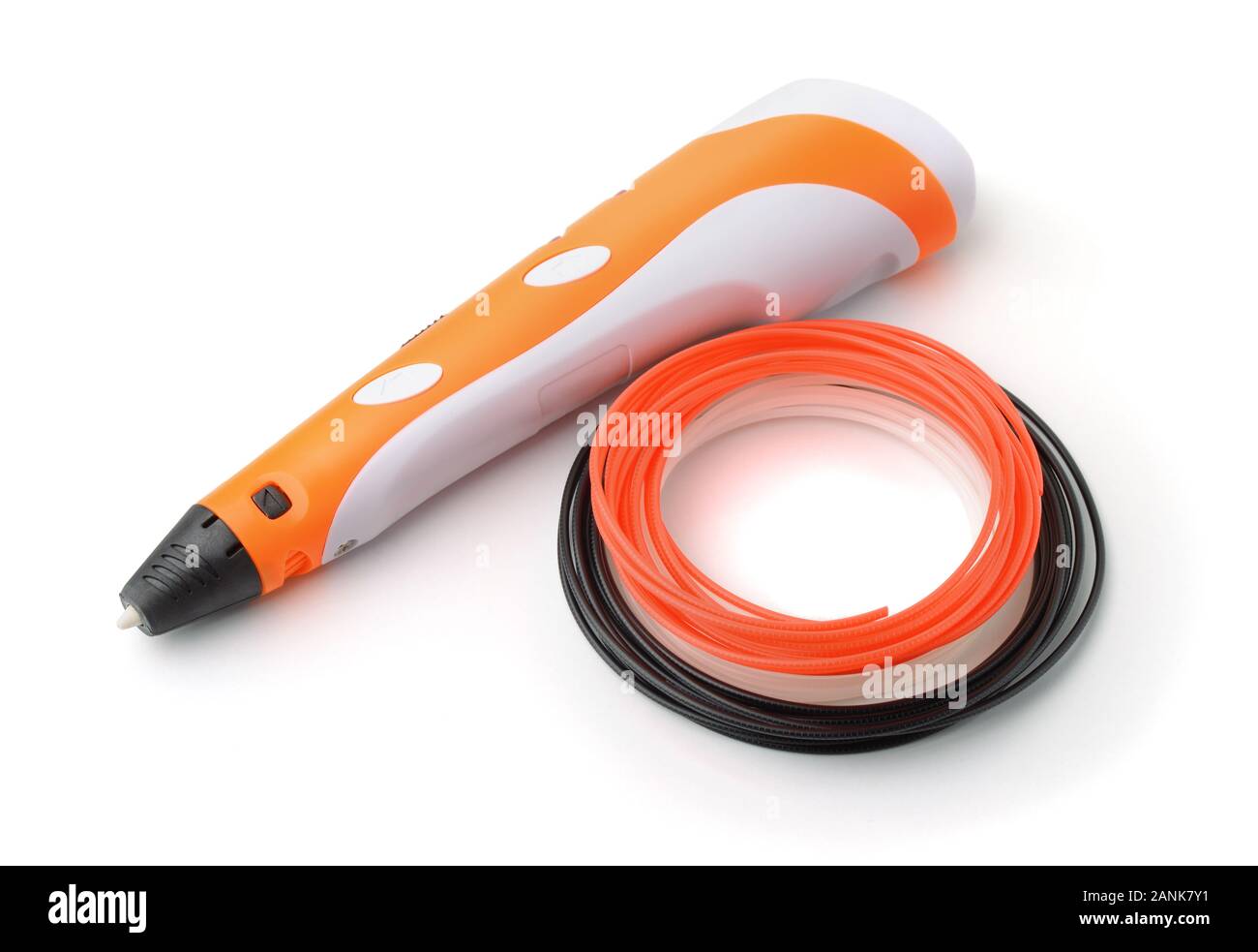 Orange 3D penna e insieme di filamenti isolato su bianco Foto Stock