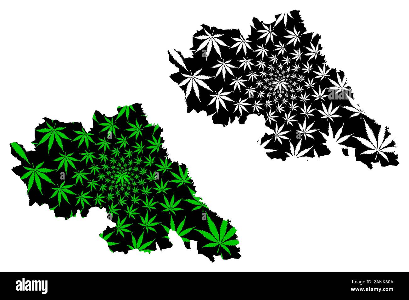 Iasi contea (divisioni amministrative della Romania, Nord-Est regione di sviluppo) mappa è progettato Cannabis leaf verde e nero, Iasi mappa fatta di marijua Illustrazione Vettoriale
