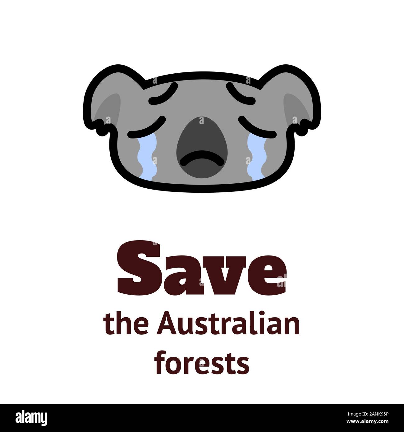 Piange il koala icona e l'iscrizione salvare le foreste Australiano. Fumetto illustrazione vettoriale. Illustrazione Vettoriale