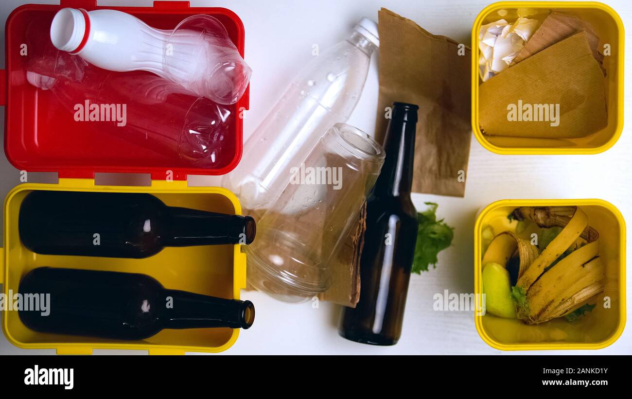 Processo di immondizia cernita in diversi scomparti, ecologia e riciclaggio, salvare il pianeta Foto Stock