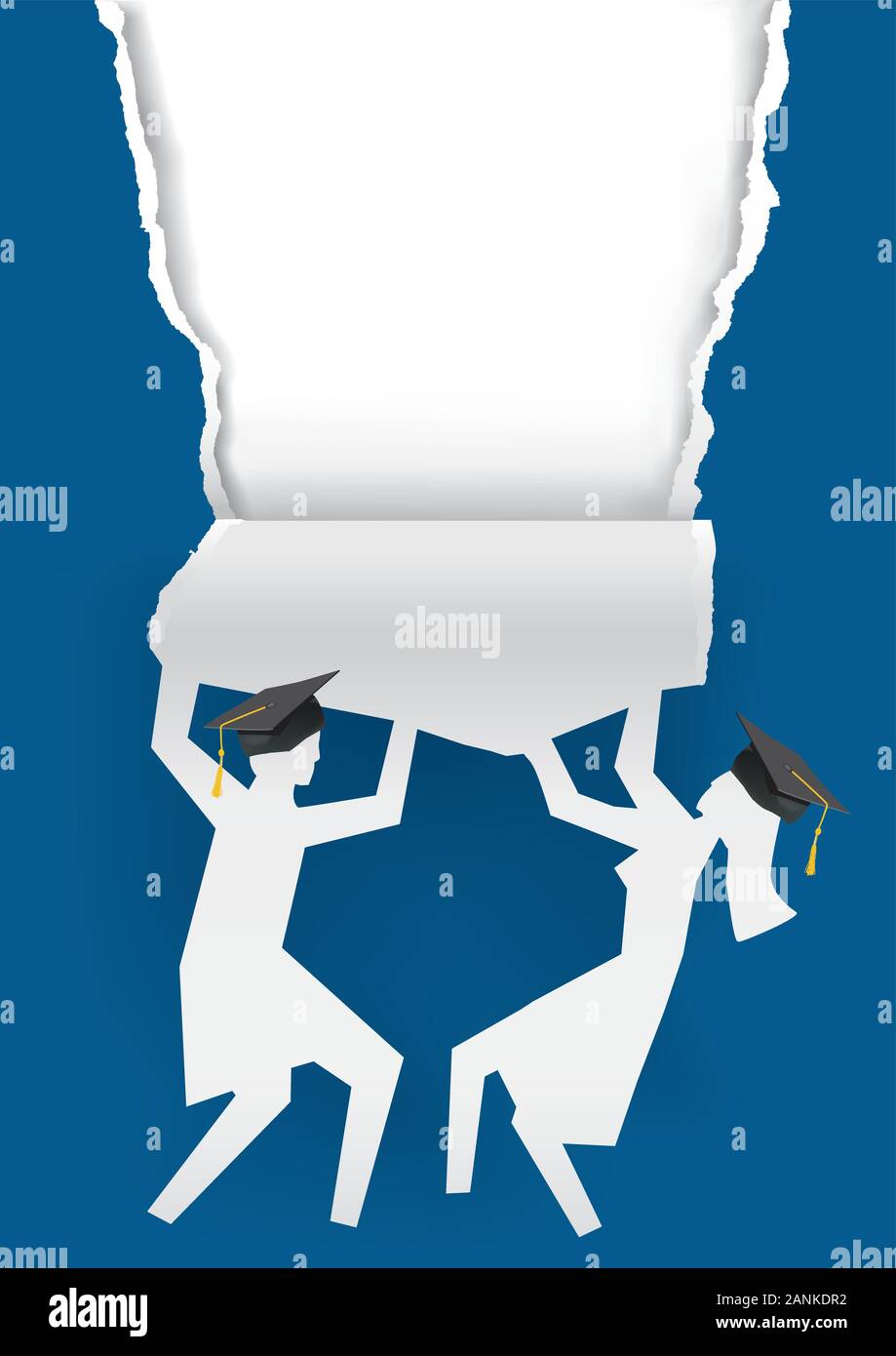 Ragazza amd ragazzo laureati, strappato sfondo di carta blu. Illustrazione di due sagome di carta degli studenti con carta strappata per cartellone. Vettore disponibile. Illustrazione Vettoriale