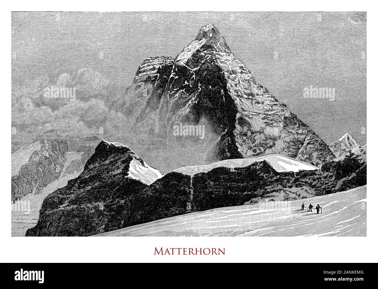 Vintage illustrazione del Cervino Il Cervino o tra la Svizzera e l'Italia, montagna isolato con una ripida forma piramidale, uno della vetta più alta delle Alpi Foto Stock