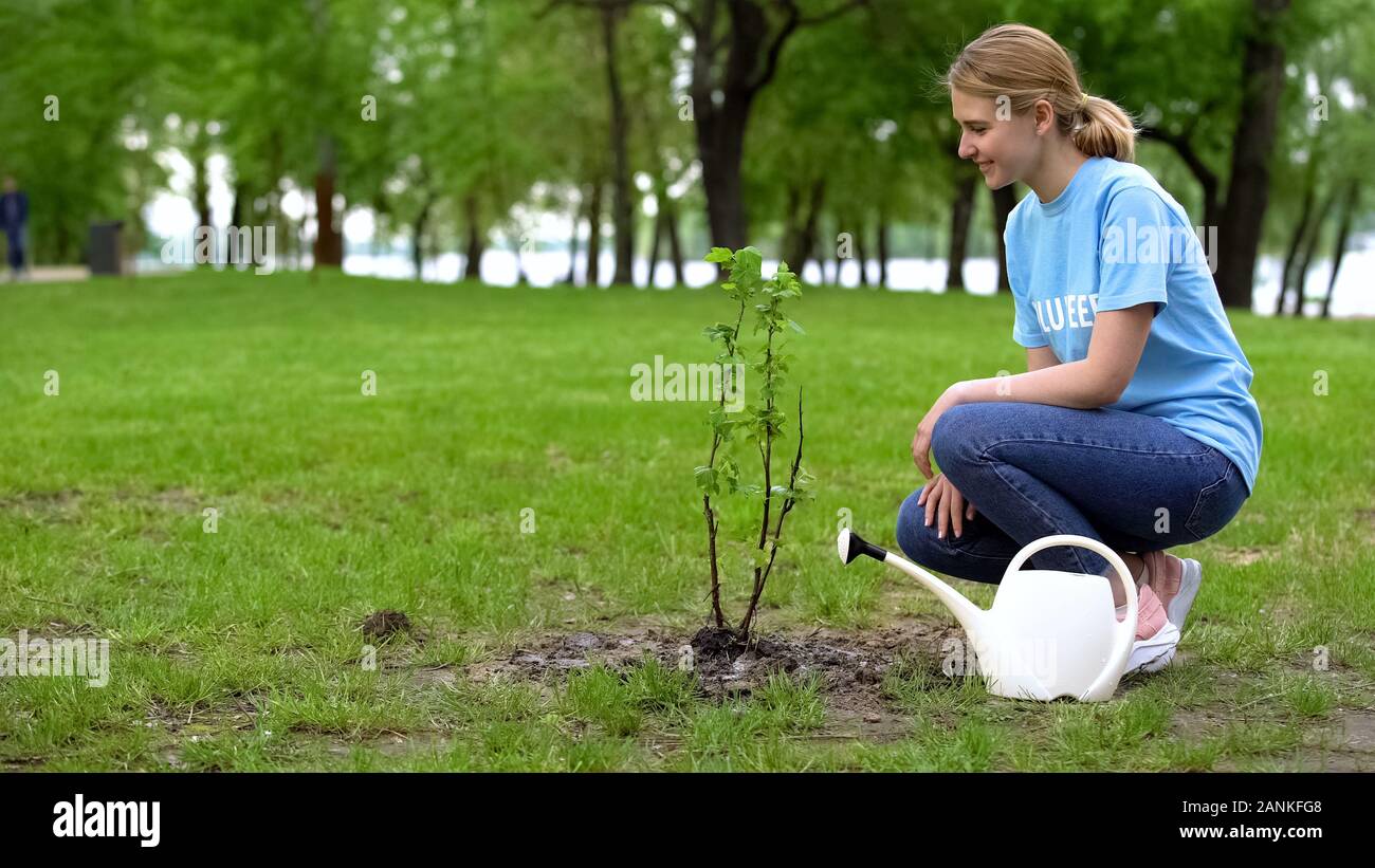 Giovane donna con l'innaffiamento può prendersi cura di albero, volontariato ambientale Foto Stock