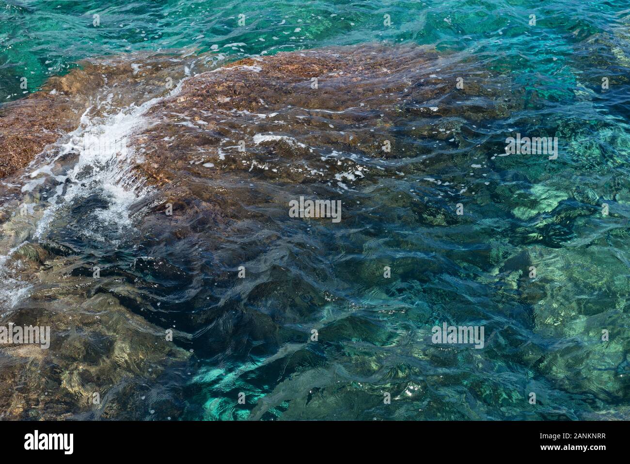 Dettaglio del mare turchese con rocce sotto la superficie, Oceano Indiano, Seychelles Foto Stock