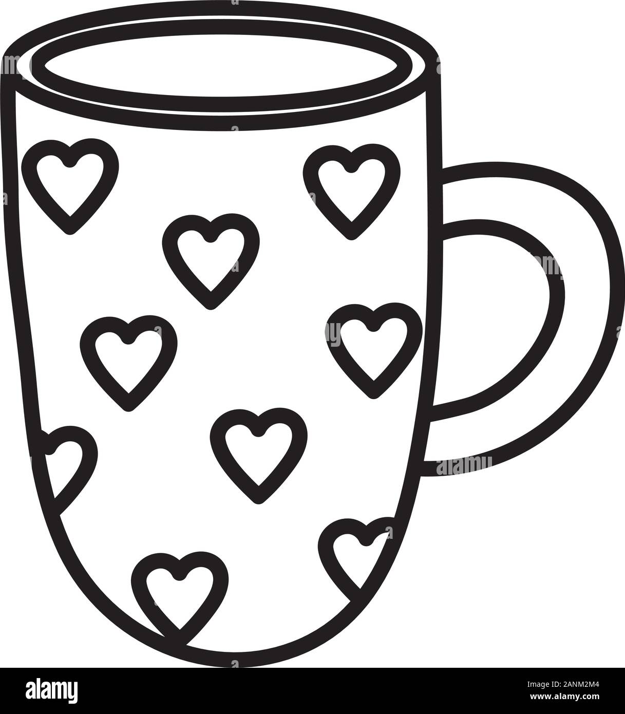 Felice il giorno di San Valentino, la tazza di caffè con cuori amore decorazione illustrazione vettoriale linea spessa Illustrazione Vettoriale