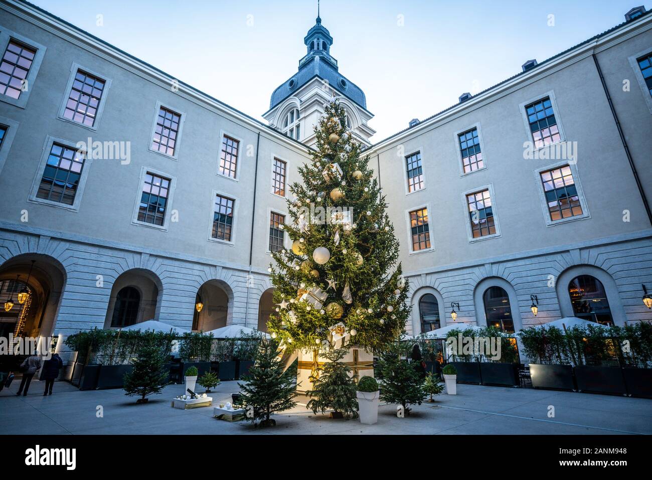 Illuminato gigantesco albero di Natale in Saint-Martin cortile del Grand Hotel Dieu di Lione Francia Foto Stock