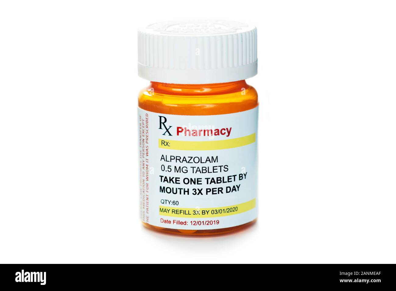 Alprazolam ansia generica prescrizione medica bottiglia isolato su bianco. Foto Stock