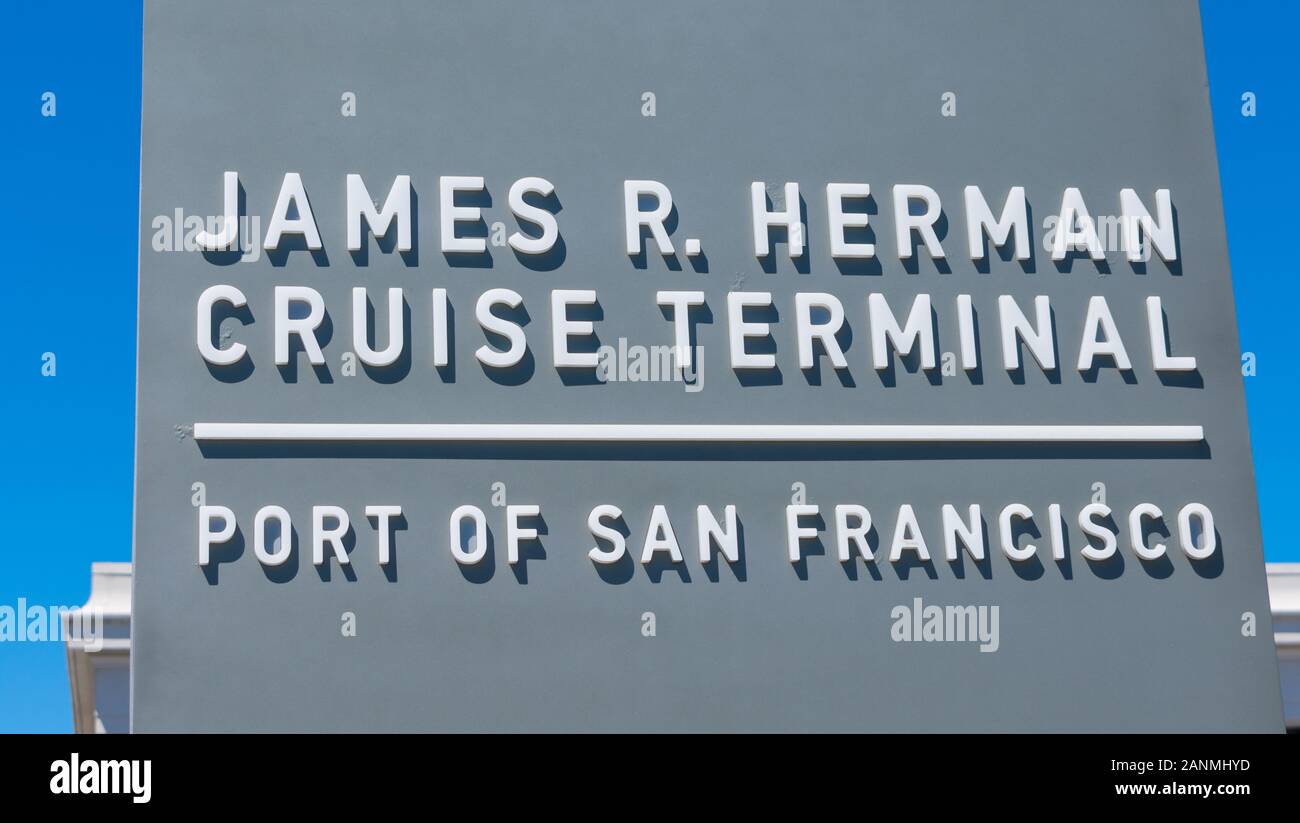 James R. Herman Cruise Terminal. Dal Porto di San Francisco. Segno al terminal passeggeri al Molo 27 sullo storico Embarcadero waterfront - San Francisco, Foto Stock