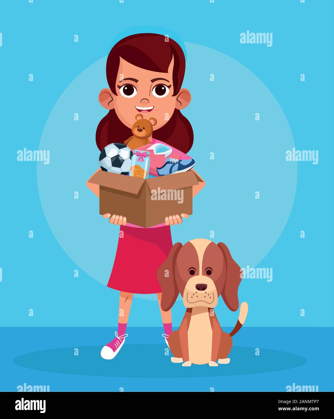 Cartoon ragazza con donazione degli animali box e cute cane Illustrazione Vettoriale