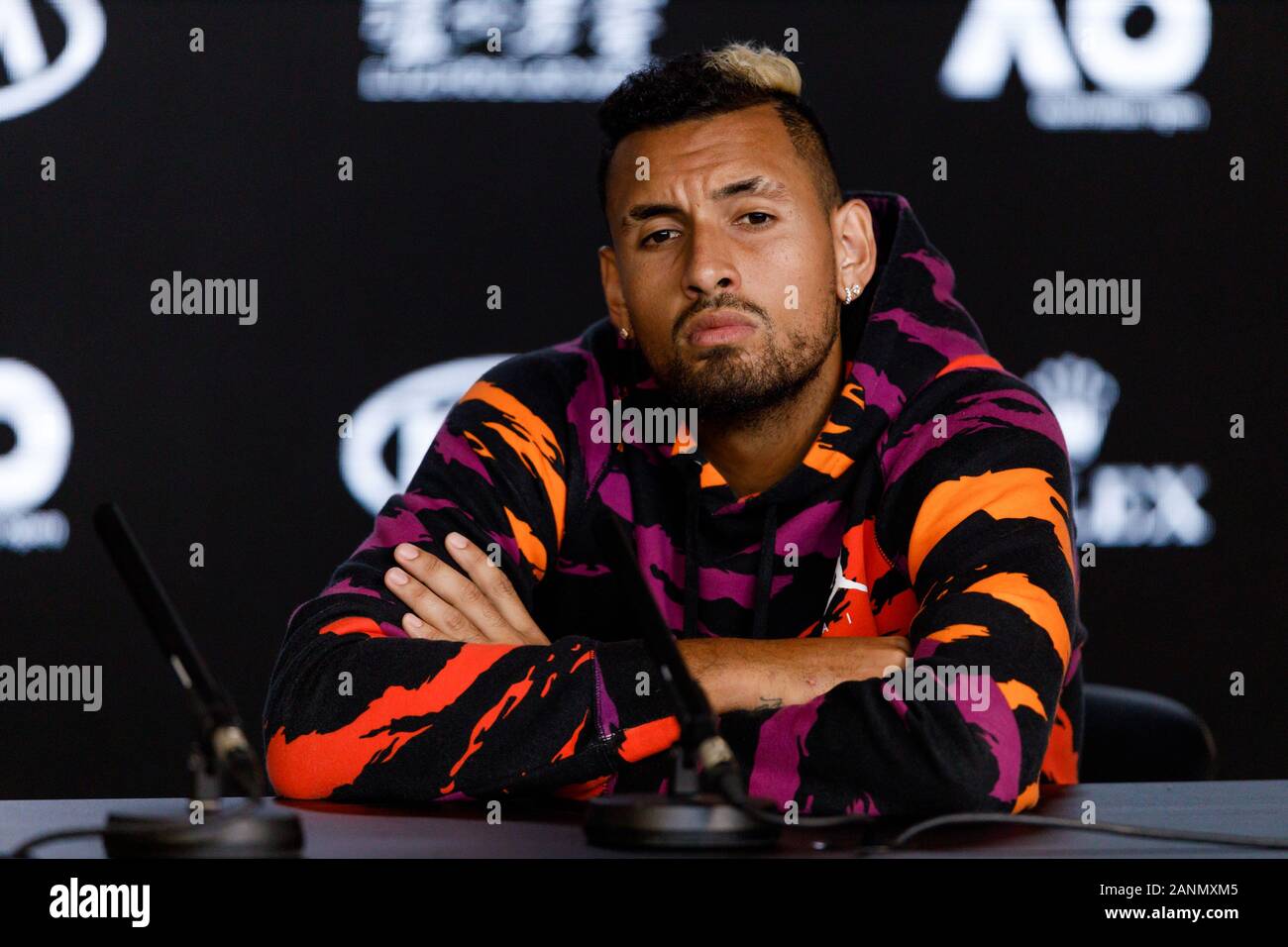 Nick KYRIOS (AUS) durante una conferenza stampa all'Australian Open del 2020 Foto Stock