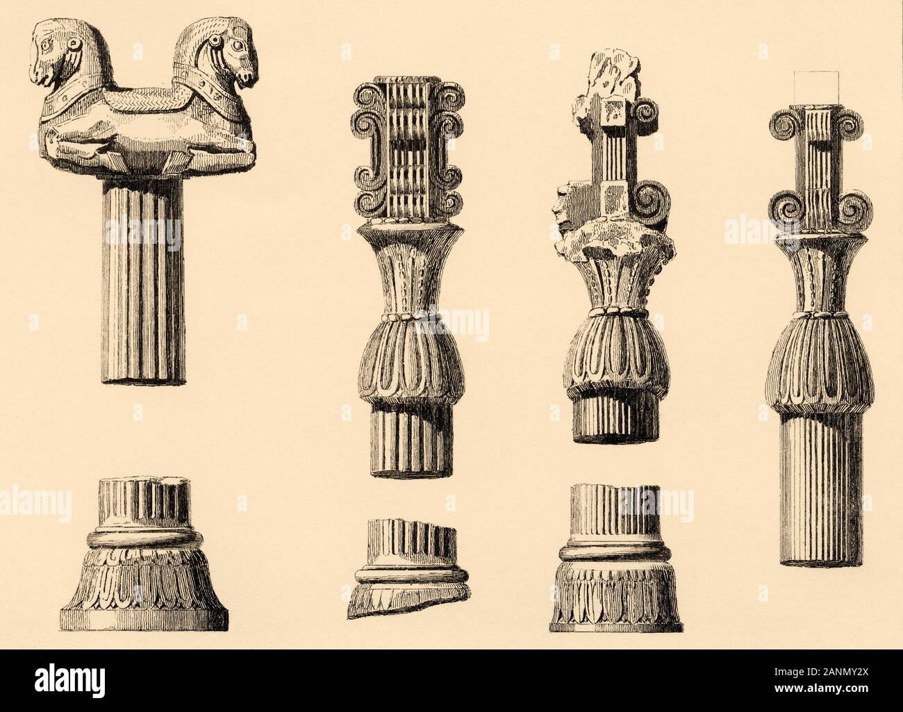 Dettaglio dei diversi elementi architettonici. Persepolis cerimoniale di capitale dell impero achemenide. Far provincia. L'Iran. Vecchio di acciaio inciso antica stampa Foto Stock