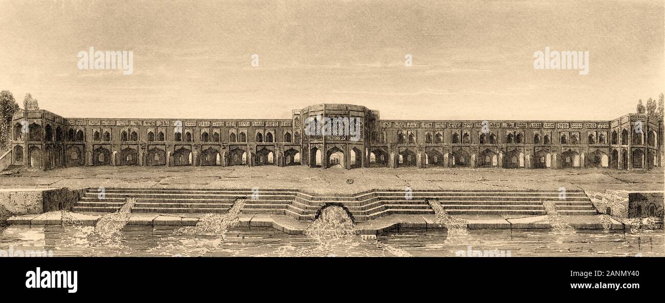 Hasan-Abad, Khvaju, Khaju o Baba Roknoddin bridge. Isfahan provincia. L'Iran. Vecchio di acciaio inciso antica stampa Pubblicato in L'Univers La perse nel 1841 Foto Stock