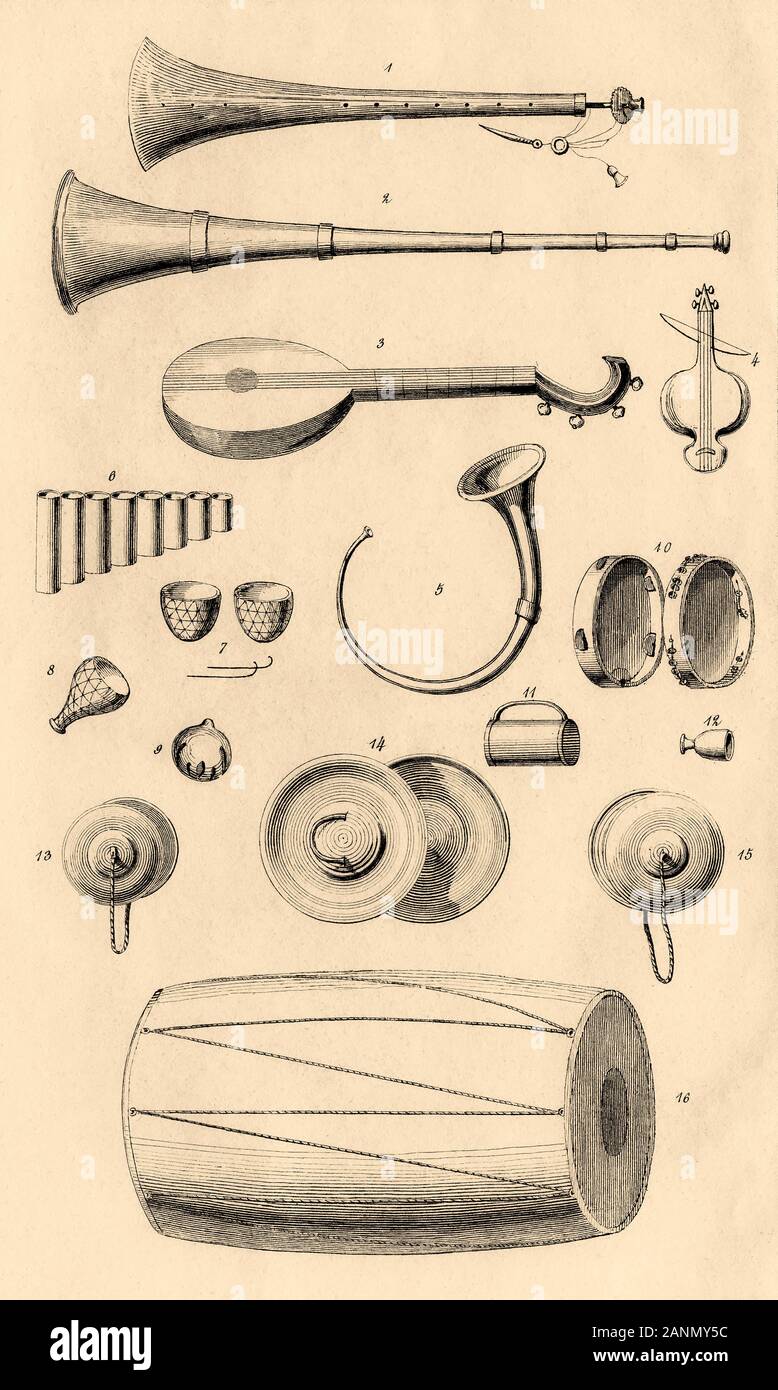 Antichi strumenti di musica persiano. Shehnai, tipo di flauto. Tempo squillo di tromba. Il mandolino. Kiran Shah. Tromba ricurva. Il flauto di Pan. Diverse specie di smal Foto Stock
