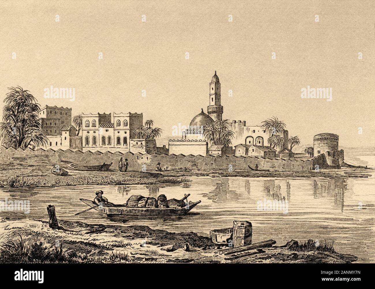 Vista la Moka città sulle rive del Mar Rosso. Yemen. Antica incisione pubblicato in L'Univers Arabia, nel 1841. Storia dell'antica Arabia Foto Stock