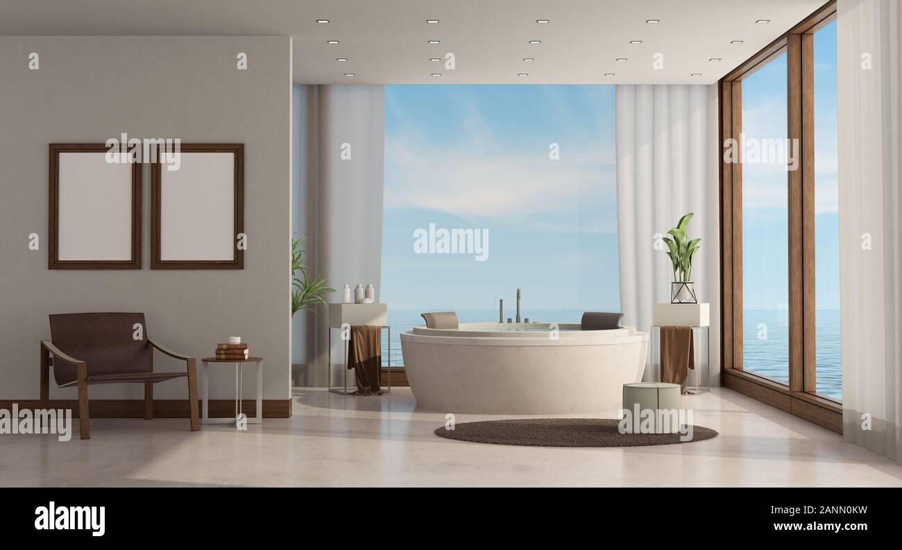 Lusso Minimalista bagno di una casa sul mare con vasca rotonda e poltrona in pelle - 3d rendering Foto Stock